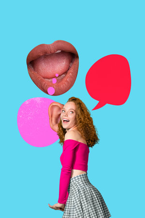 Poster banner collage of person with ear listen mouth speaking bubble on blue backgroundの写真素材
