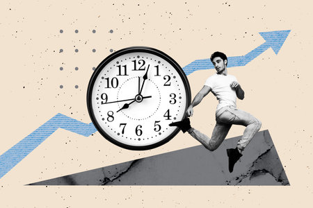 Full 3d poster image trendy collage photo of serious businessman jump arrow development deadline watch limit time managementの写真素材