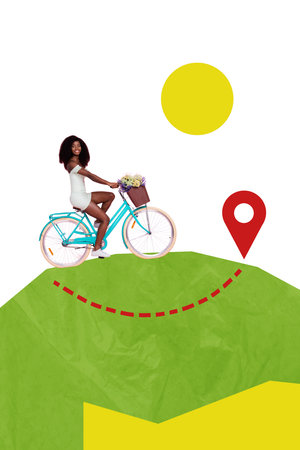 Collage poster template trend artwork sketch of young lady ride bike travel moving transport weekend beach resort summer vacation locationの写真素材