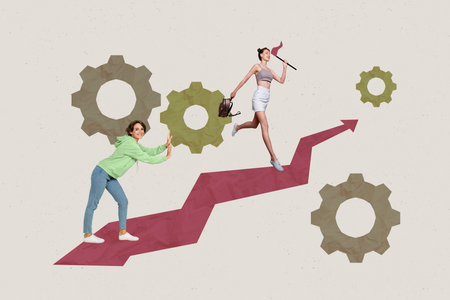 Zine banner full photo collage of happy businesswoman businessman receive promotion arrow progress statistics developmentの写真素材