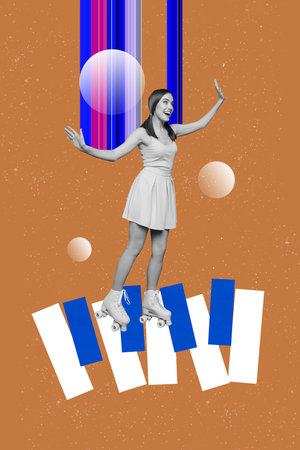 Poster surreal collage of person stand ride skates drawing piano keys with color flow on brown backgroundの写真素材