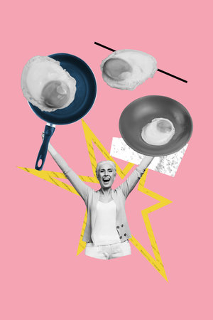 Vertical sketch 3d artwork collage poster of happy old woman stand plate pan boiled egg fried protein nutrition healthy breakfastの写真素材