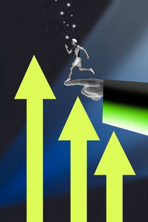Banner 3d sketch pop art image collage of serious businessman sportsman run chart arrow development hand point progress negativeの写真素材
