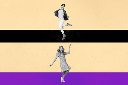 Trend image collage of people stand dance on lines road route on yellow backgroundの写真素材