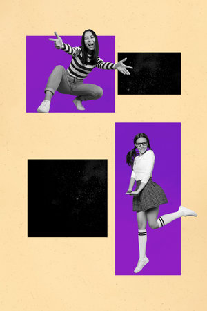 Trend template collage of people dance jump in square shape chatting on yellow backgroundの写真素材