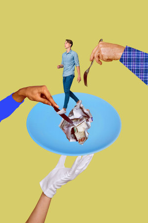 Banner vertical photo trend image collage of inexperienced businessman businesswoman stand plate crumpled dollar crisis fork knifeの写真素材