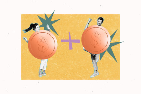 Zine 3d full image photo collage of two happy girl guy dance together dollar coin capital progress...