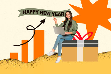 Art sketch 3d image full collage of happy girl surf laptop sit present box arrow new year celebration holiday surprise eventの写真素材