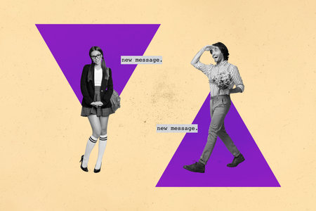 Poster trend collage of people walk stand in triangle shape chat new message on yellow backgroundの写真素材