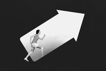 Art sketch 3d image full collage of happy sportswoman run arrow direction progress aim achievement concept promotion careerの写真素材