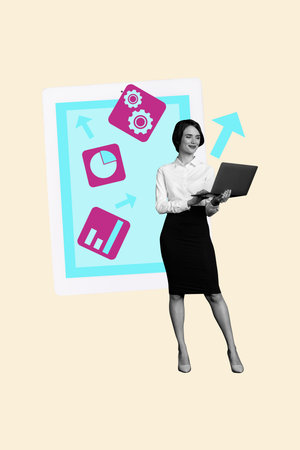 Sketch vertical photo collage of happy businessman businesswoman stand office noticeboard gearwheel arrow chart progress chanceの写真素材