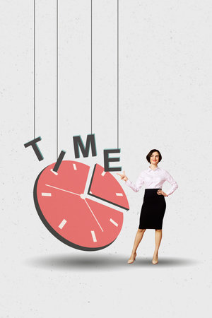 Vertical 3d creative poster art collage of happy businesswoman stand point timepiece clock expire limit time management deadlineの写真素材
