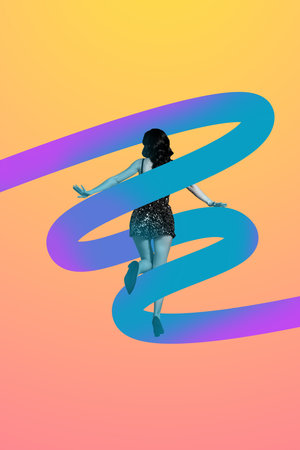 Poster image vertical photo collage of happy girl dance weekend occasion stand back weekend relax...