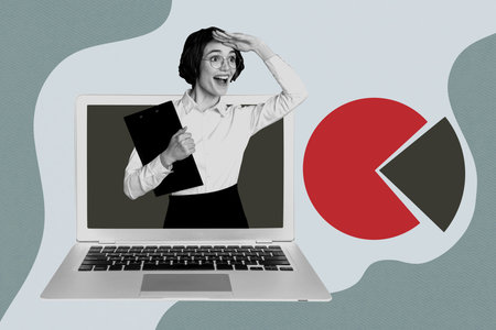 Sketch art image poster 3d banner collage of excited businesswoman freelancer peek laptop hold clipboard diagram developmentの写真素材