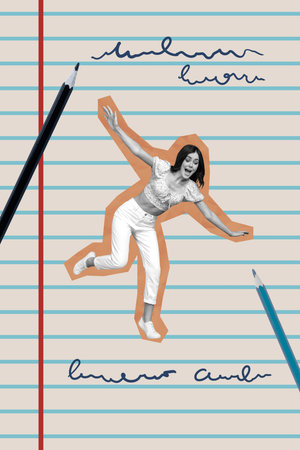 Trendy art pop image photo collage of shocked girl hang notepaper pencil tiredness mood business problem collapseの写真素材