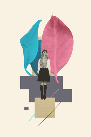 Trend artwork composite 3D photo collage design of nature springtime botanical plant leave young school uniform small girl stand backの写真素材