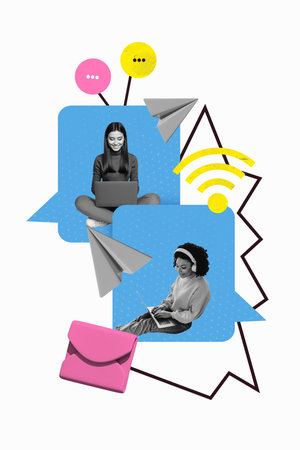 Trend vertical artwork sketch 3d photo collage of two happy girls surf laptop distance communication wifi network message speechの写真素材