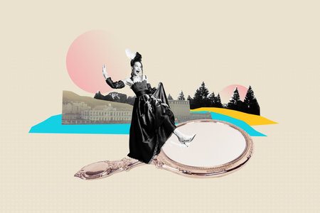 Zine image art collage of happy countess girl wear elegant dress hold mirror beauty salon cosmetology treatment makeup procedureの写真素材