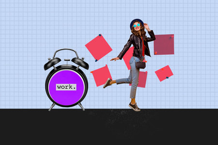 Image trend collage of person stand near stickers clock watch on blue background
