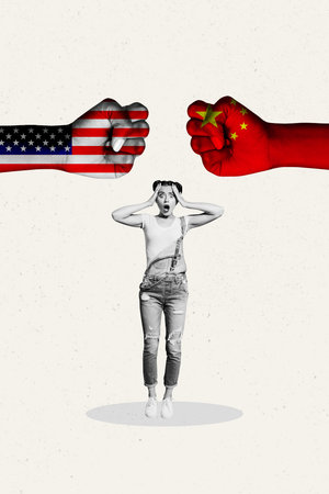 Art image composite photo collage of shocked girl stand hands show fist gesture battle america china confrontation war trade dealの写真素材