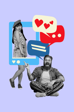 Composite artwork 3d photo collage of happy man point like reaction pretty korean girl peek social media post influencerの写真素材