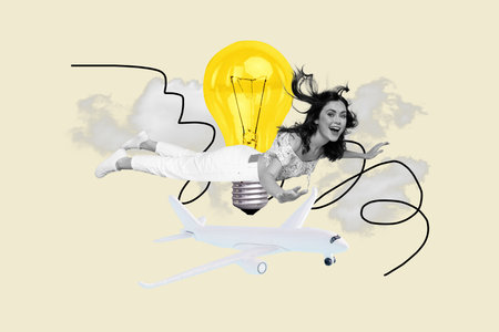 Full trendy photo collage of happy businesswoman fly light bulb illumination airplane blackout project development chanceの写真素材