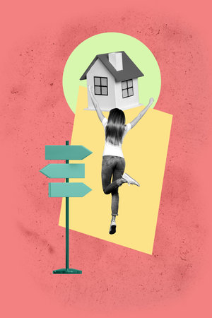 3d full trendy magazine photo collage of happy girl guy stand road sign pointer hose relocation travel new purchase settlementの写真素材