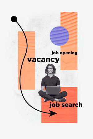 Vertical image sketch 3d collage poster of happy employee stand arrow vacancy hiring interface business human resources cvの写真素材