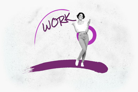 Composite zine pop trend collage of happy businesswoman stand workload target achievement purpose success workshopの写真素材