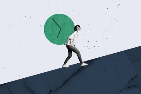 Artwork sketch banner full 3d collage of happy businesswoman carry time clock deadline burden timeline expire limit conceptの写真素材