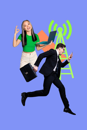 Pop image sketch 3d collage poster of happy girl guy stand wifi tower 5g network speed connection...