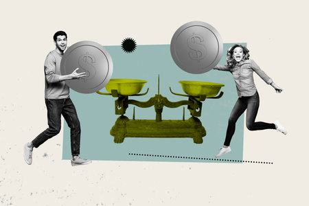 Banner image trendy collage of two happy business partners girl guy stand dollar coin scales weight income finance profitの写真素材