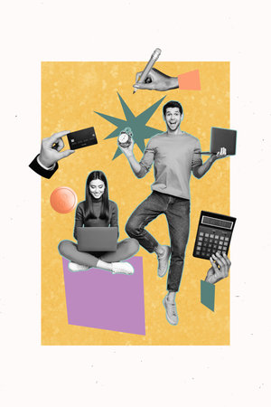 Poster banner 3d collage photo of two happy girl guy freelancer worker surf laptop credit card income dollar coin capital earningsの写真素材