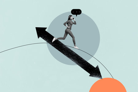 Banner sketch art trend collage of happy businesswoman speak phone bubble arrow development...