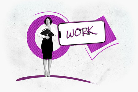 Composite zine pop trend collage of happy businesswoman businessman stand workload target achievement purpose success workshopの写真素材