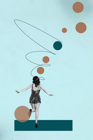 Vertical photo image collage of happy businesswoman stand geometric figure ball development career progressの写真素材