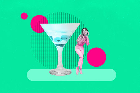 Composite trend artwork collage of clubber leisure weekend event beverage relax friday toast young lady dance headphones musicの写真素材