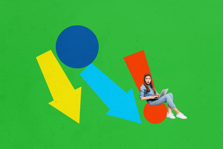 Composite photo collage of vacancy human resources young woman shocked sit attention sign arrow point graphics charts analyzing businessの写真素材
