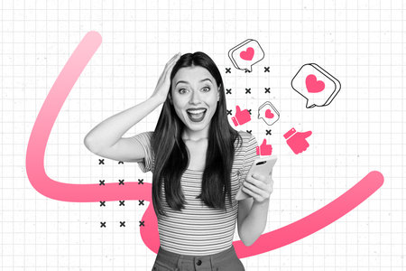 Full poster photo collage of happy cunning girl hold phone receive notification subscriber follow blogging notificationの写真素材