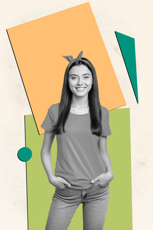 Collage of happy young woman man graphic montage black and white pattern over geometric backgroundの写真素材