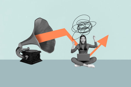 Full image banner sketch 3d photo collage of happy businesswoman hold laptop gramophone arrow development vertex progress aimの写真素材