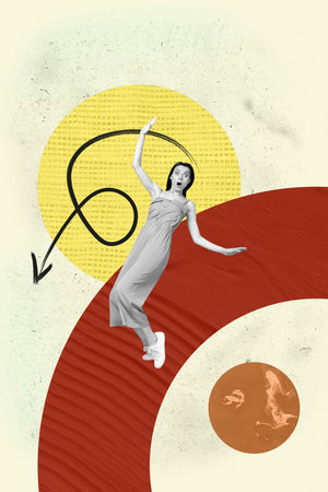 Pop 3d zine art collage of happy businesswoman businessman stand geometric figure arrow pointer success statistics progressの写真素材