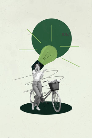 Image vertical artwork collage of happy businesswoman businessman stand light bulb idea finding progress statistics powerの写真素材