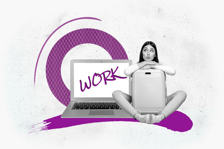 Composite creative full art collage of happy businessman businesswoman stand laptop device freelancer workload occupationの写真素材