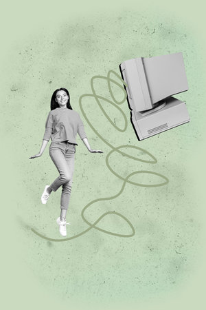 Artwork banner vertical photo collage of happy guy girl stand pc monitorの写真素材