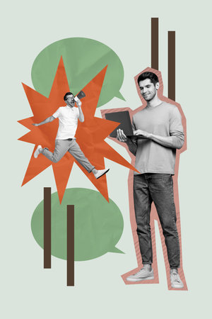 Vertical image poster 3d banner collage of happy freelancer businessman surf laptop boss scream megaphoneの写真素材