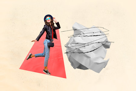 Full 3d zine pop trend collage of happy businesswoman businessman stand geometric figure development crumpled paper progressの写真素材