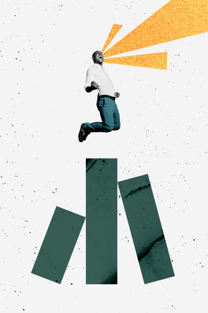 Vertical trendy banner 3d collage photo of happy businessman jump chart development statistics aim achievement progress chanceの写真素材
