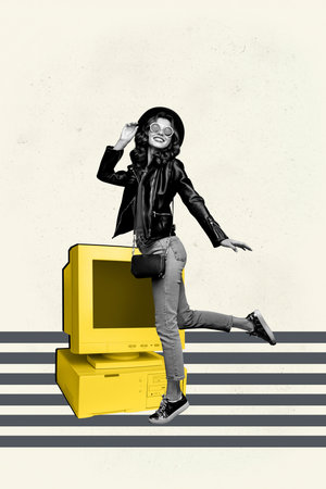 Vertical 3d poster art pop collage of happy businesswoman businessman stand pc monitor desktop mouse tool freelancer occupationの写真素材