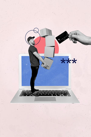 Creative art collage of person run sit netbook screen with money payment on pastel backgroundの写真素材